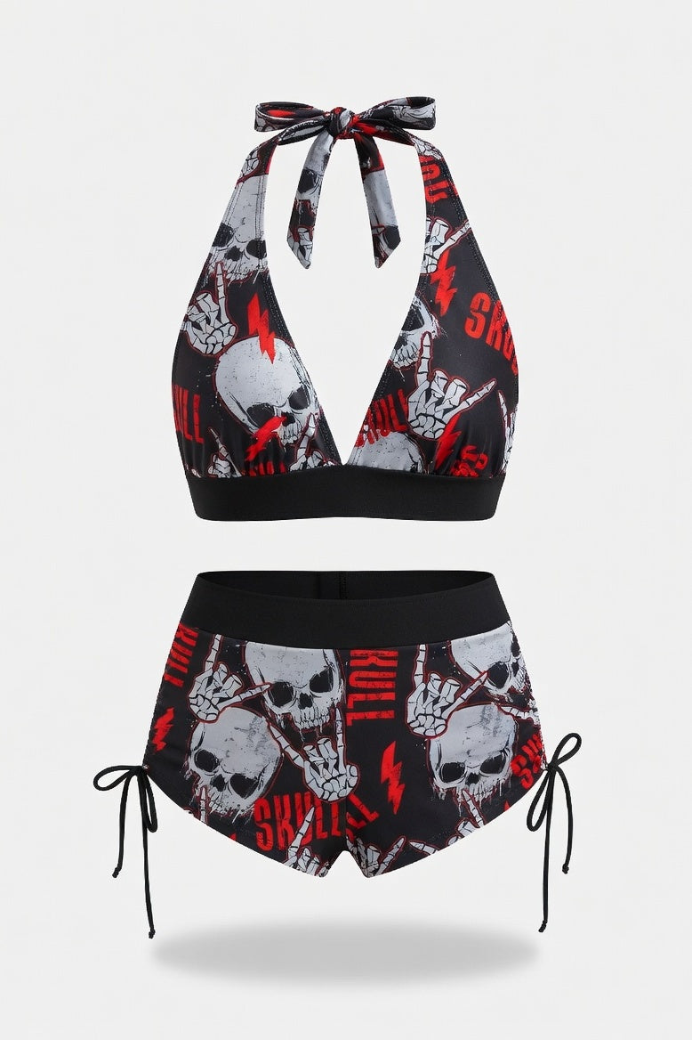 Skull Print One-Piece Swimsuit — Black Red Skull