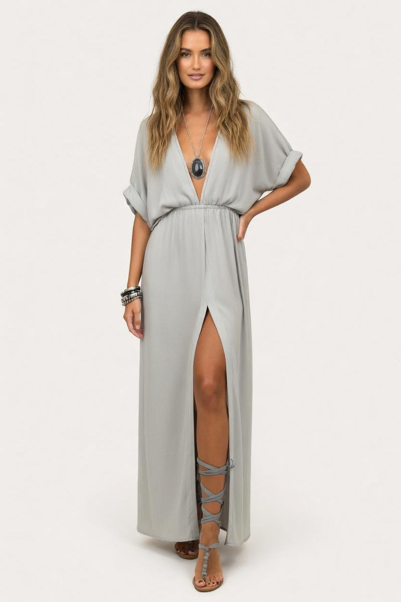 Deep V Midi Dress — front view