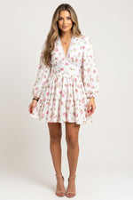 Printed V-Neck Lace Trim Dress — White