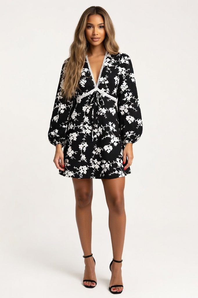 Printed V-Neck Lace Trim Dress — Black