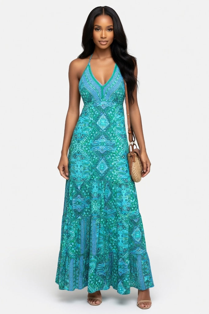 V-Neck Floral Print Maxi Dress — Green