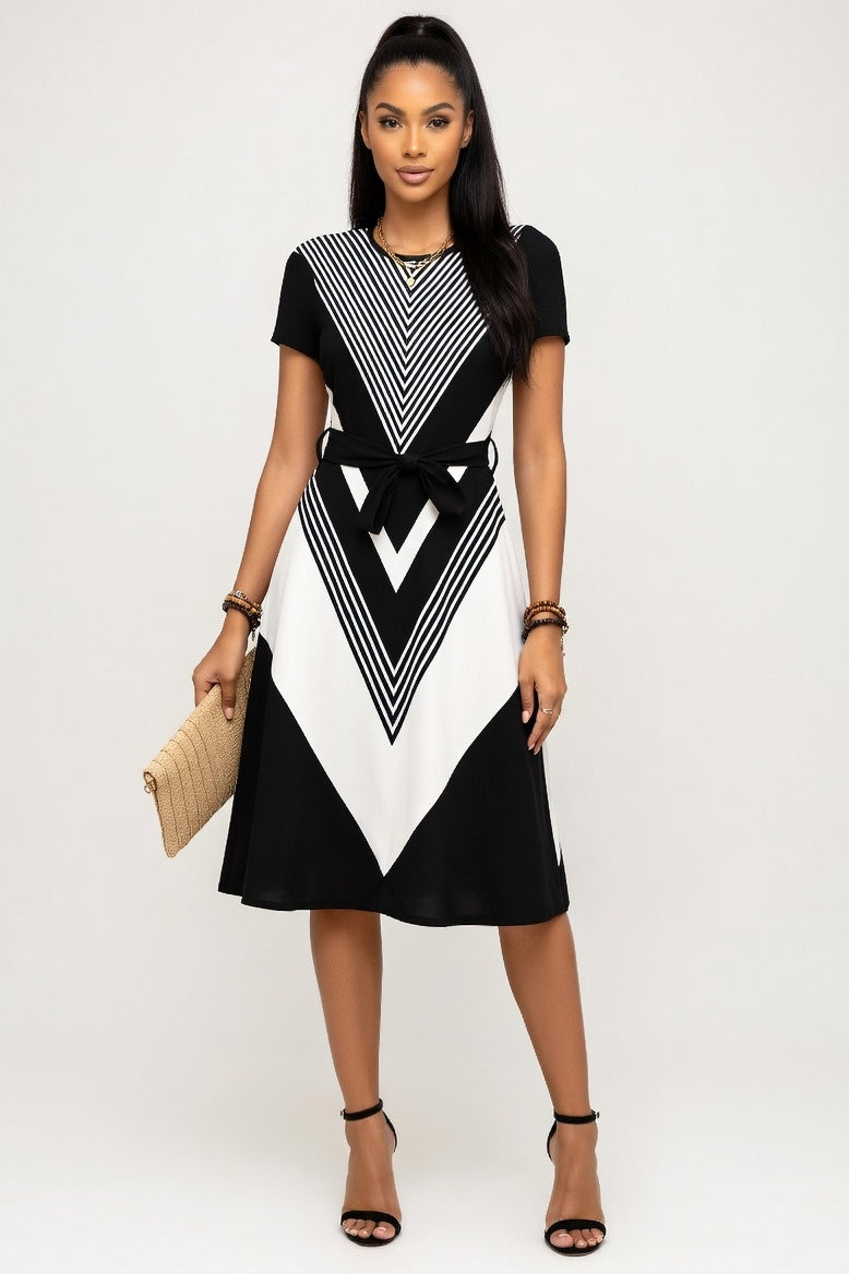 Printed Mini Dress with Belt — Black