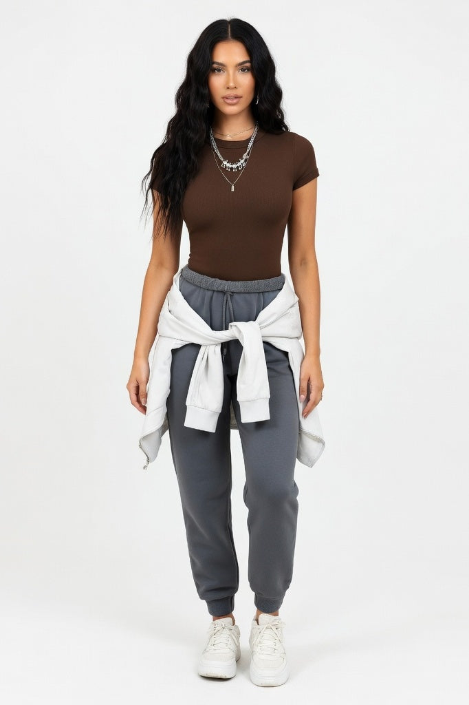 Ribbed Off-Shoulder Top — Coffee Brown