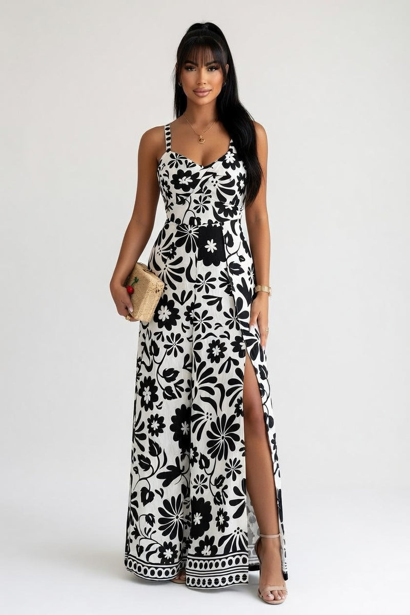 Printed Halter Wide-Leg Jumpsuit — front view
