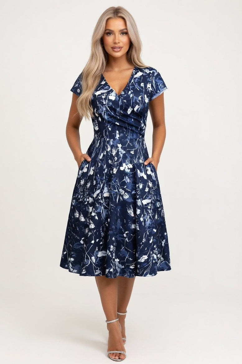 Printed Round Neck Pocket Dress — Dark Blue