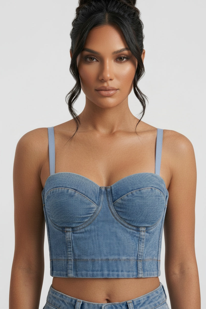 Boned Denim Bandeau Top With Open Back — 34B/75 — Front