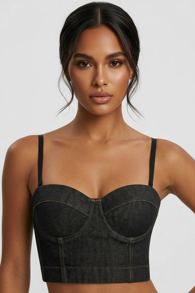 Boned Denim Bandeau Top With Open Back — 34B/75 — Front