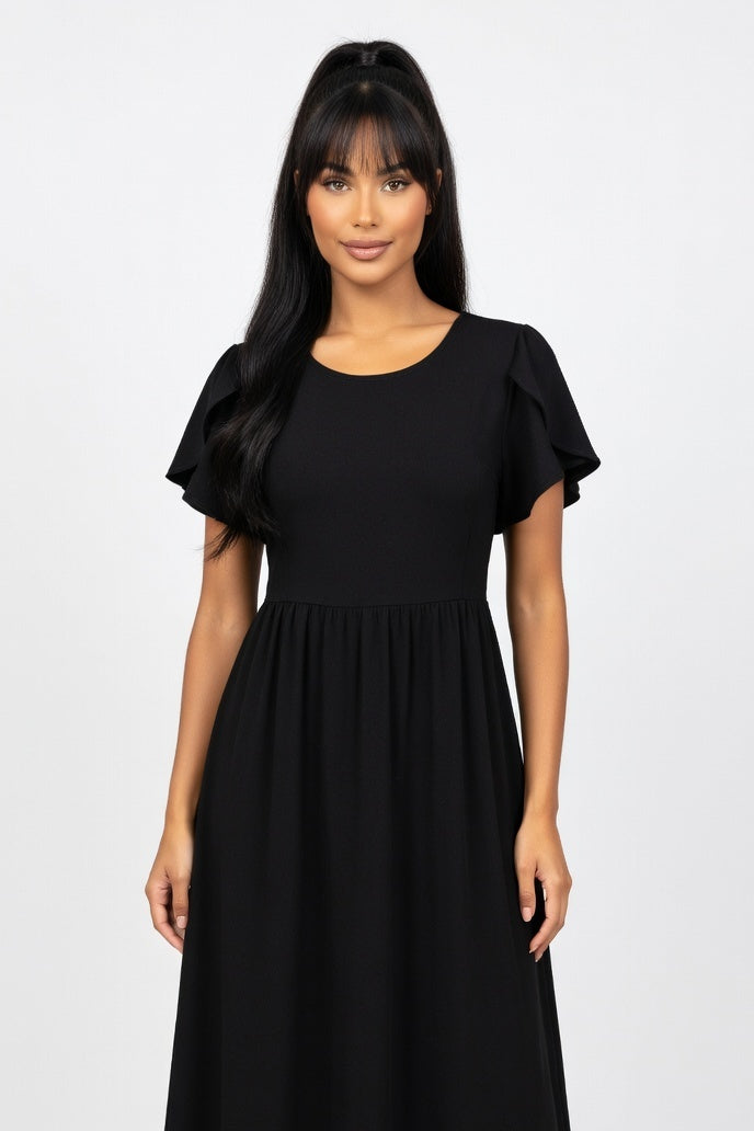 Petal Sleeve Midi Dress — Black