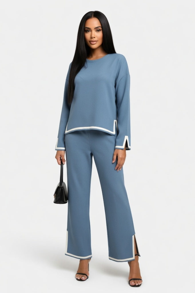 Contrast Detail Knit Co-ord Set — Peacock Blue