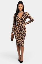 Draped Deep V Midi Dress — Digital Leopard