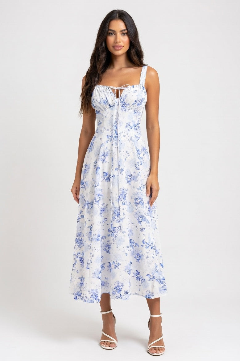 Printed Halter Midi Dress — Blue Floral