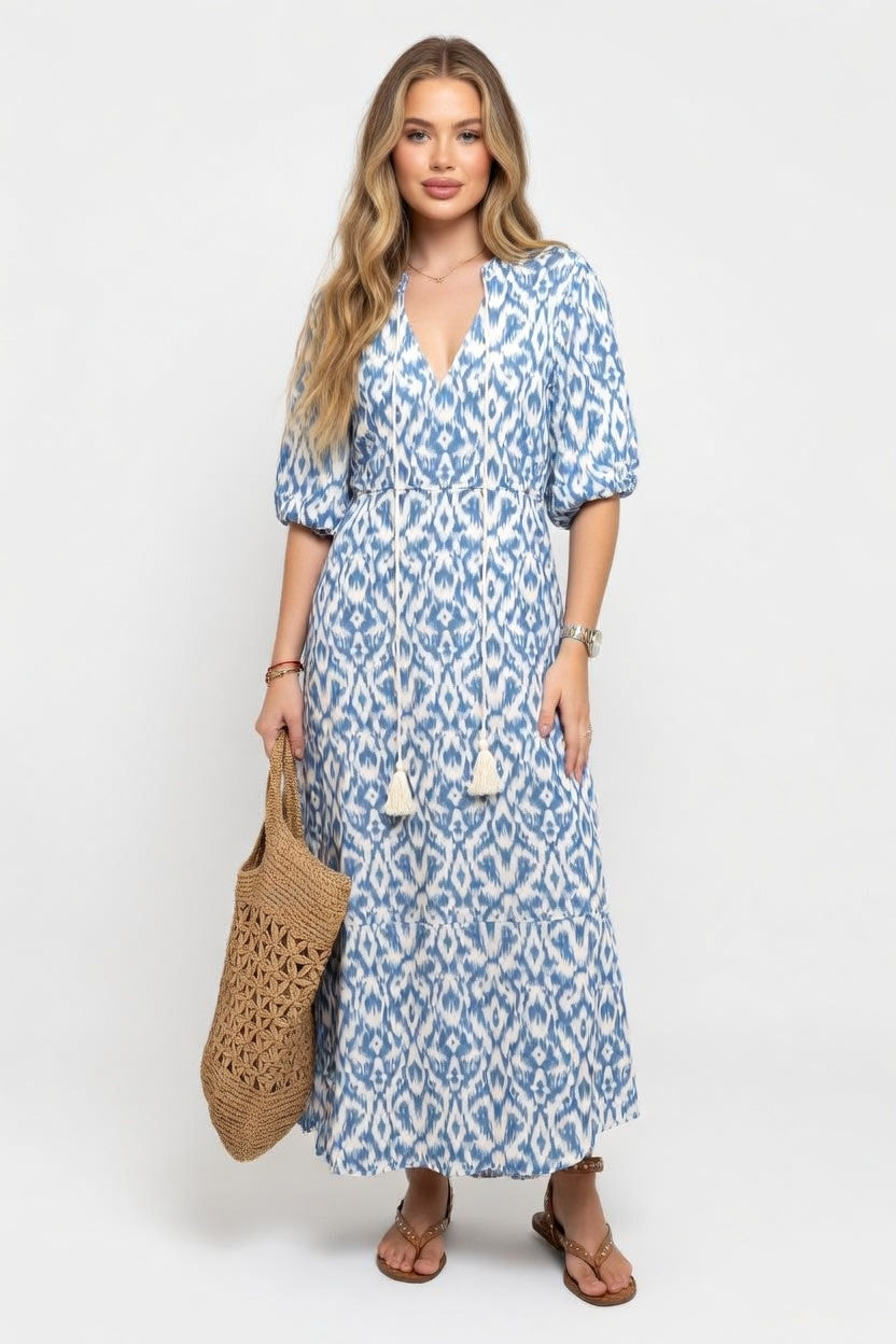 V-Neck Printed Mid-Sleeve Dress — Cream White