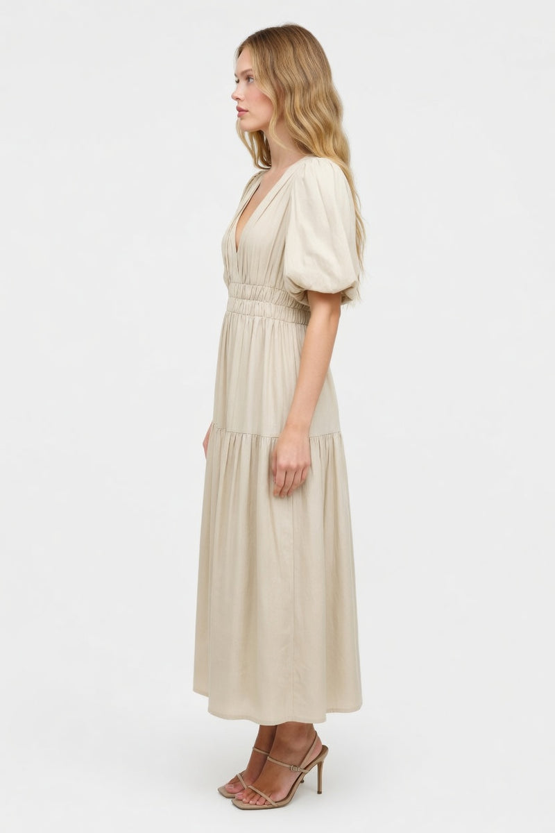 Deep V Puff Sleeve Maxi Dress — side view
