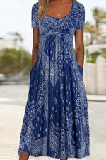 Printed Midi Dress Round Neck Short Sleeve — Blue — colour variant