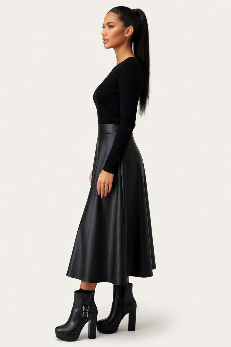 High Waist PU Leather Midi Skirt — side view