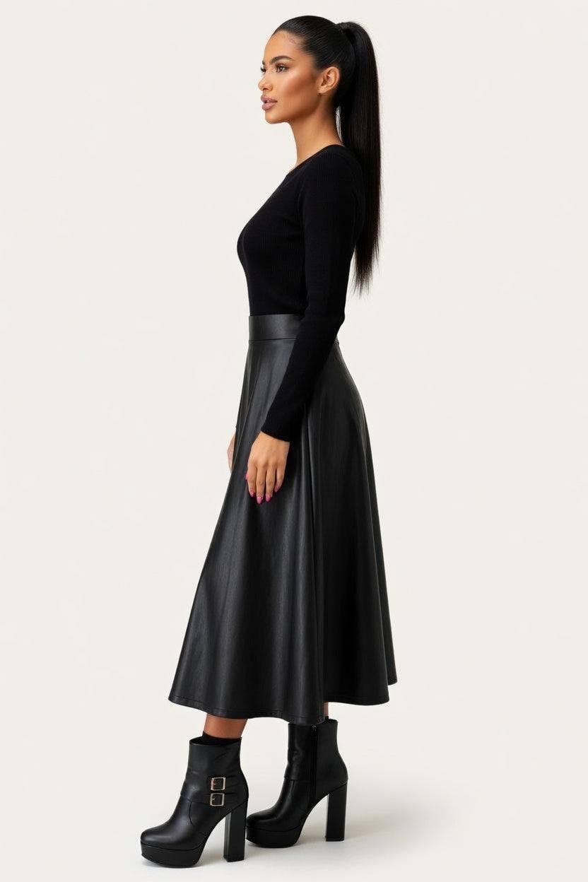 High Waist PU Leather Midi Skirt — side view