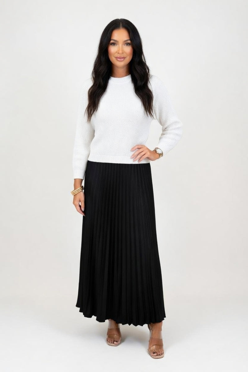 Knit Pleated Hybrid Dress — Black Top White Bottom