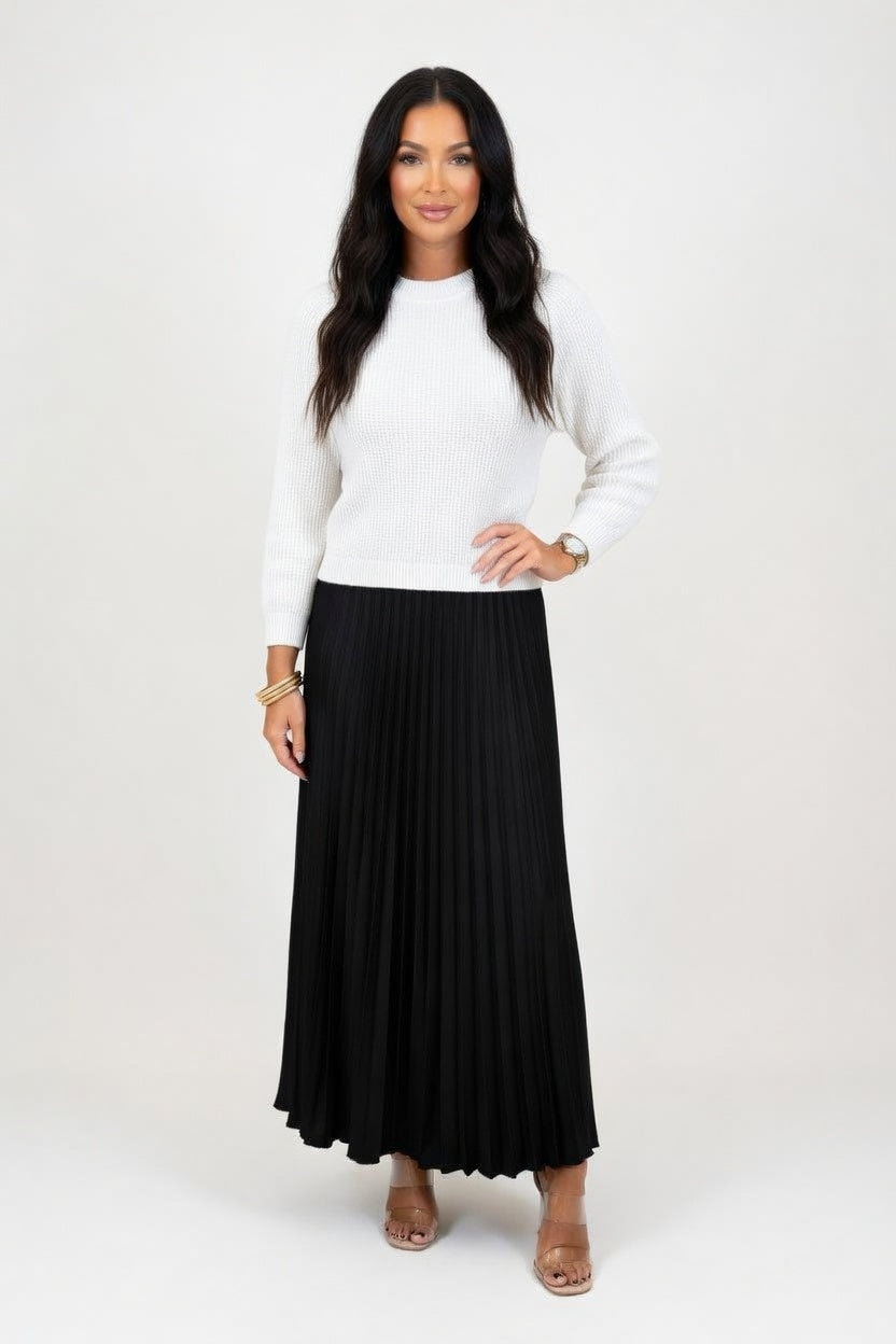 Knit Pleated Hybrid Dress — Black Top White Bottom