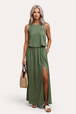Modal Halter Split Midi Dress — Dark Green