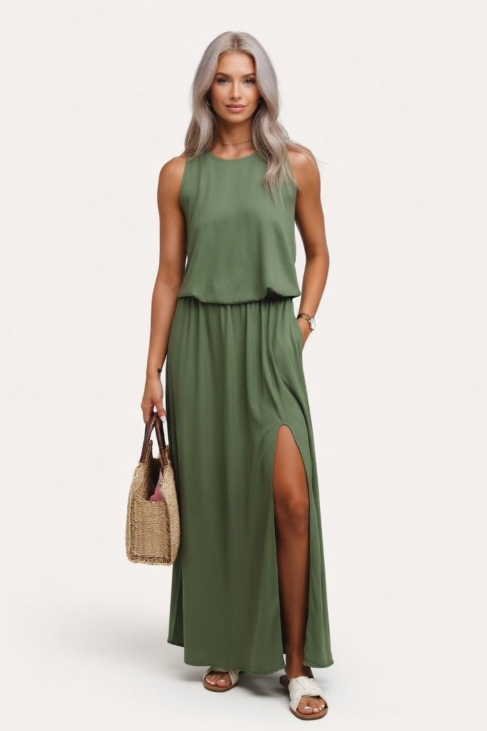 Modal Halter Split Midi Dress — Dark Green
