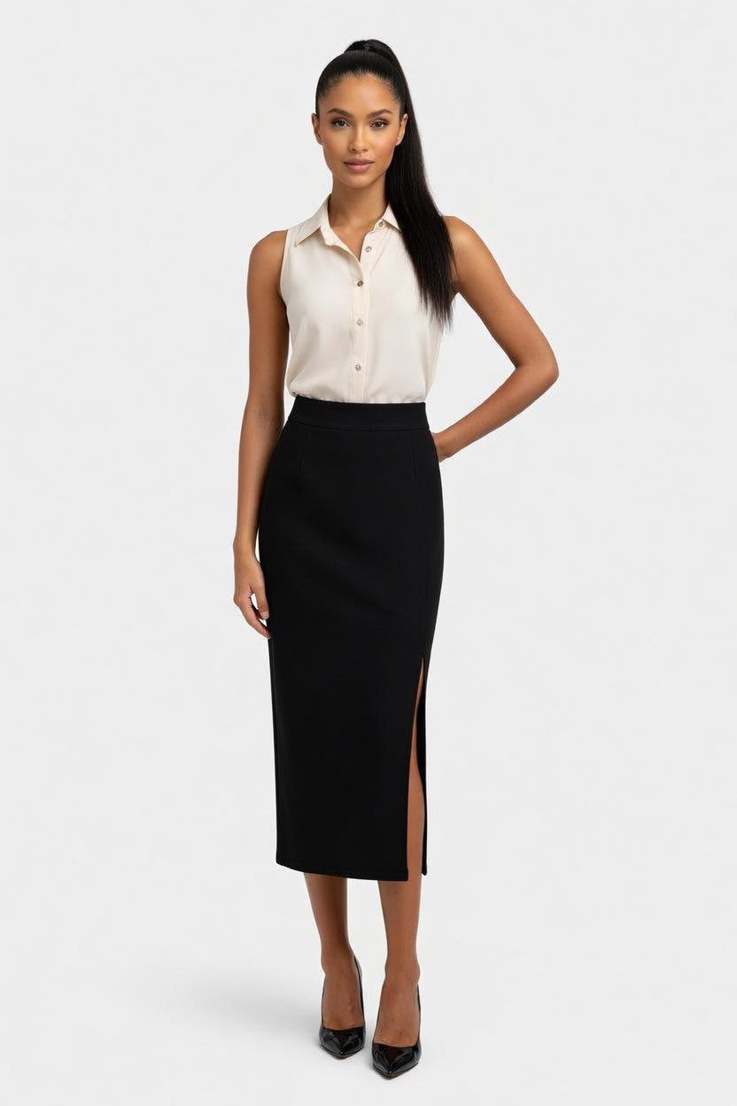 Stretch Midi Skirt with Side Slit — front view