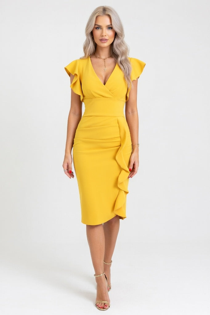 V-Neck Ruffle Dress — Yellow