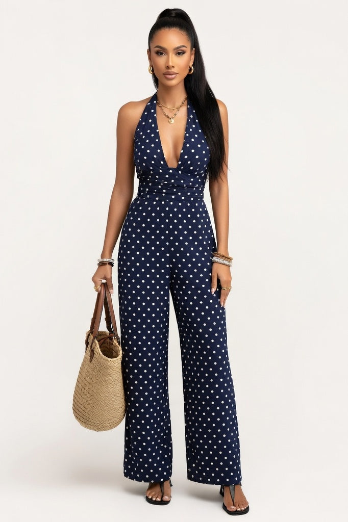 Halter Polka Dot Mini Dress — Navy Blue