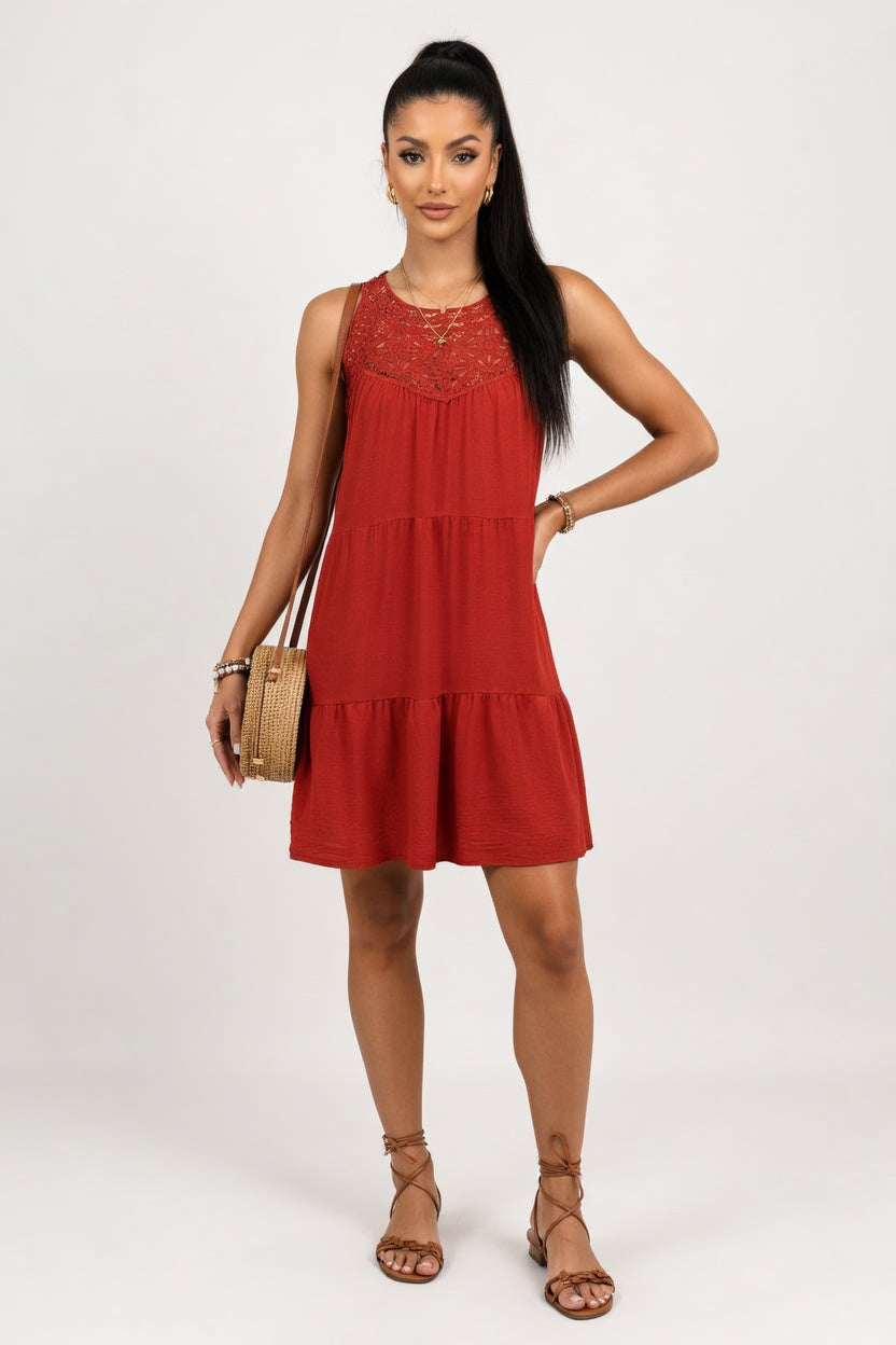 Lace Halterneck A-Line Dress — Brick Red