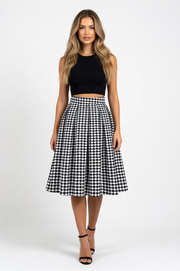 Swan Print Pleated A-Line Skirt — Houndstooth
