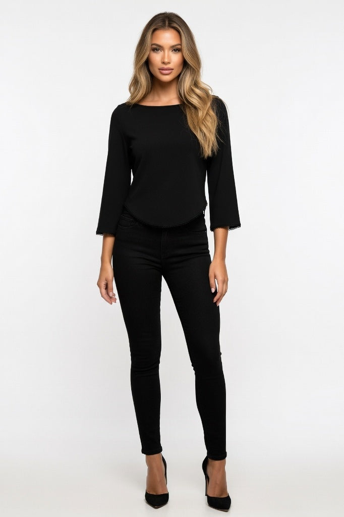Fitted Cotton Three-Quarter Sleeve Top — Black