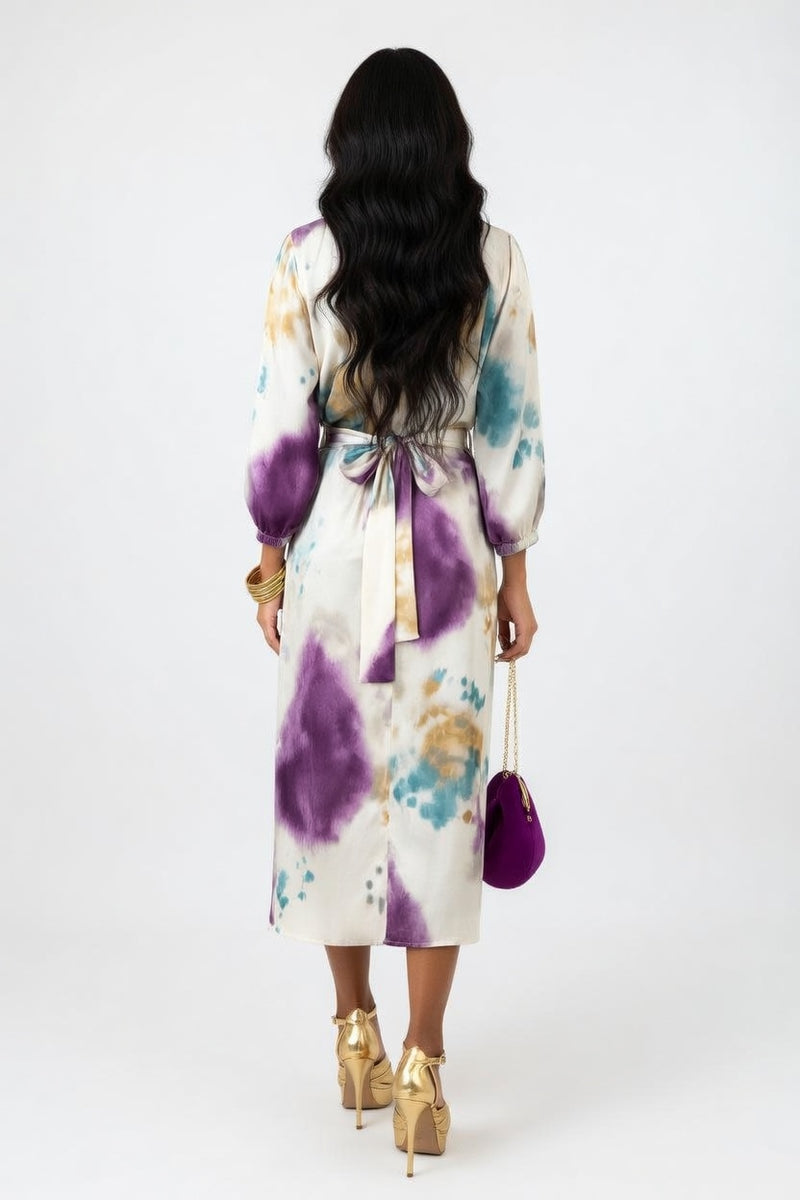 Printed Waist Tie Dress — back view