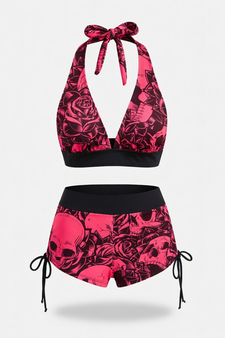 Skull Print One-Piece Swimsuit — Rose Red