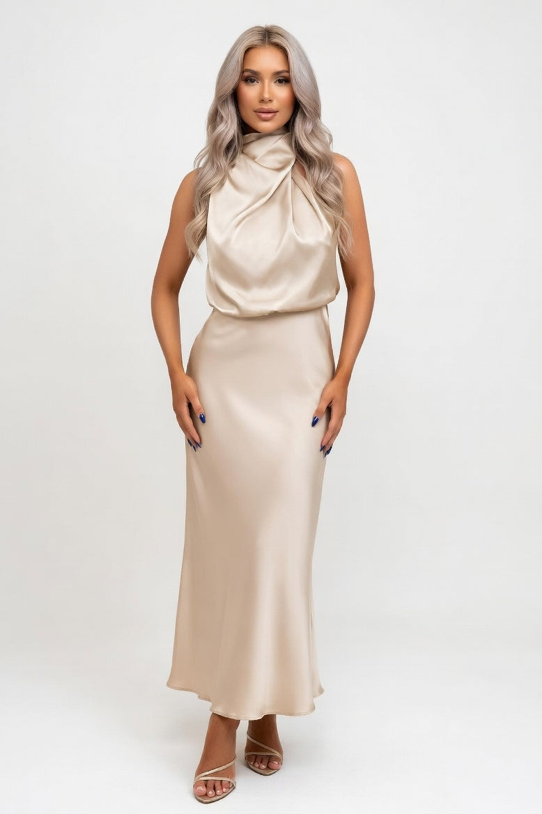 Sleeveless Satin Midi Dress — Apricot