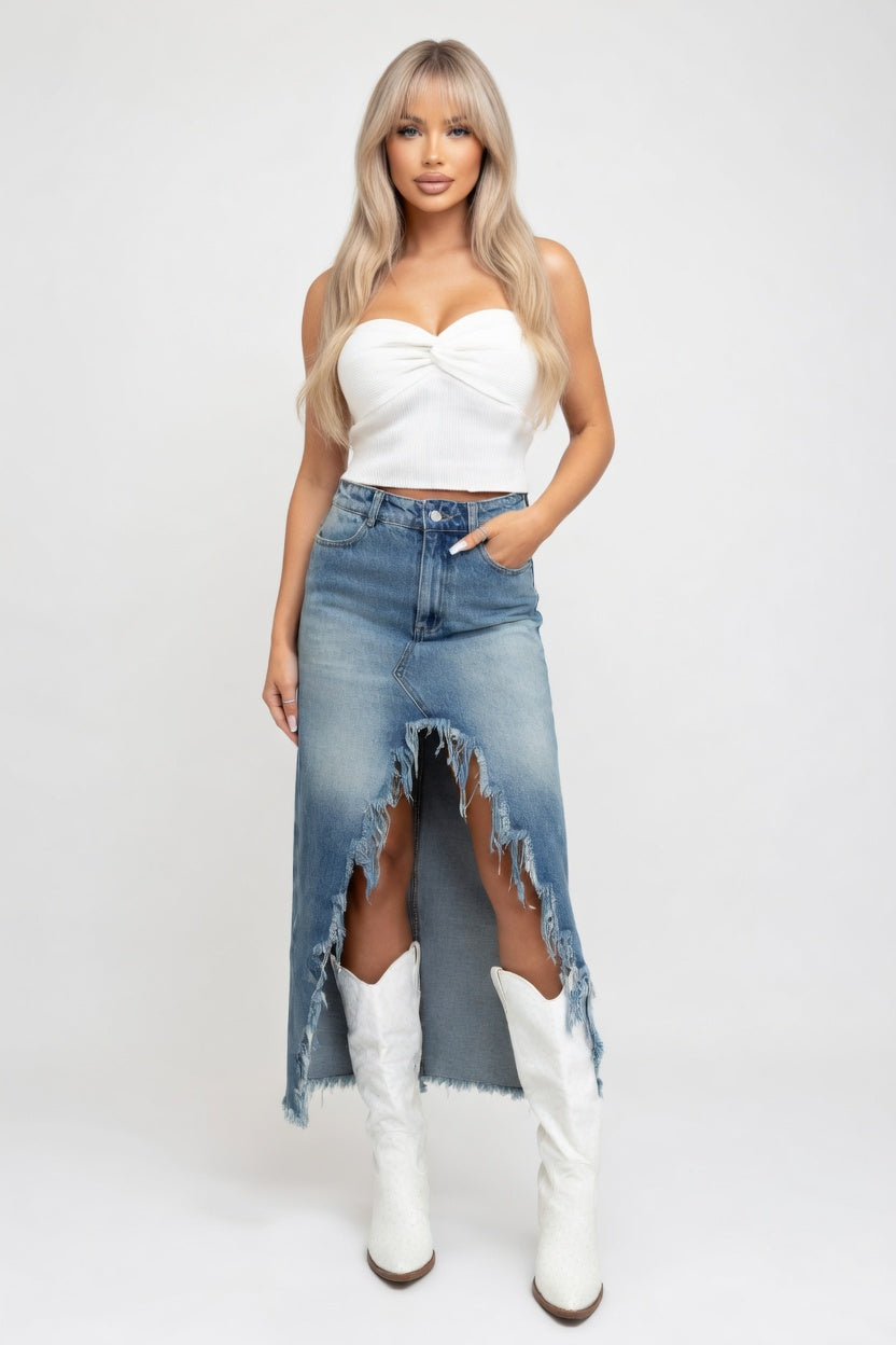 Raw Edge Denim Mini Skirt — front view