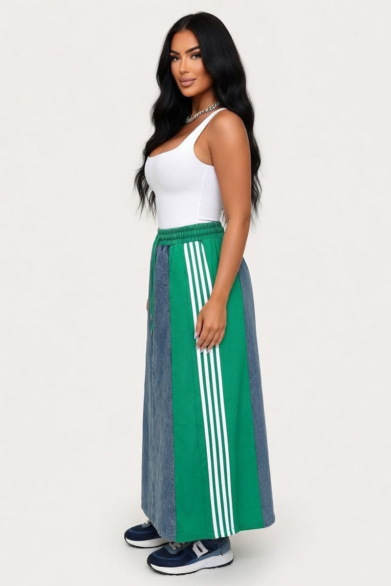 Striped Contrast Denim A-Line Skirt — side view