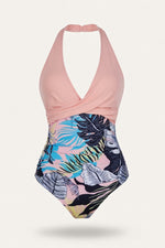 Cross Back Colour Block Swimsuit — Blue Pink Floral