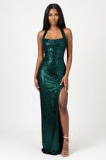 Sequined Halter Slit Dress — Dark Green