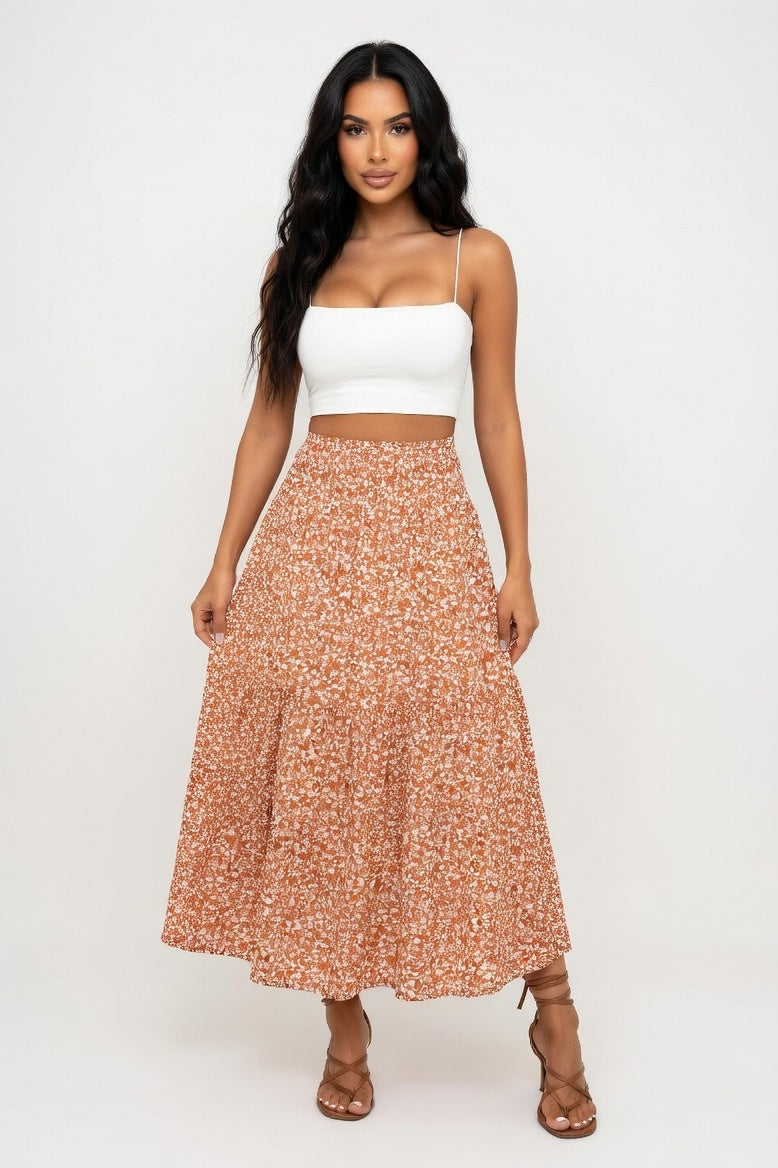 Floral A-Line Midi Skirt — Orange Floral
