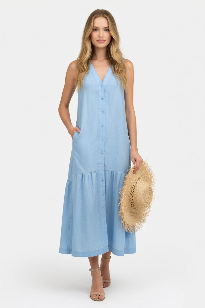 Linen V-Neck Maxi Dress — Light Blue
