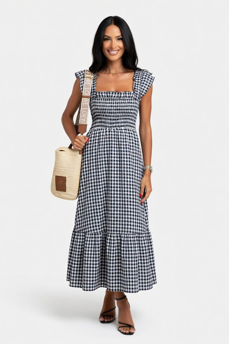 Plaid Patchwork Midi Dress — Black