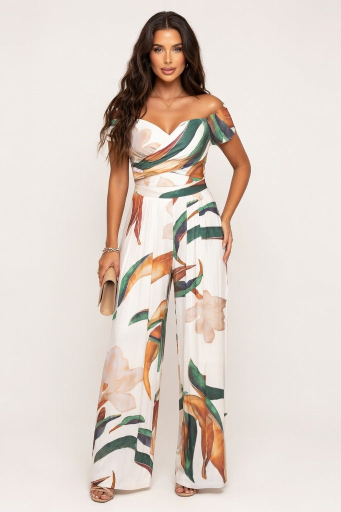 Printed Wide Leg Jumpsuit — White Floral