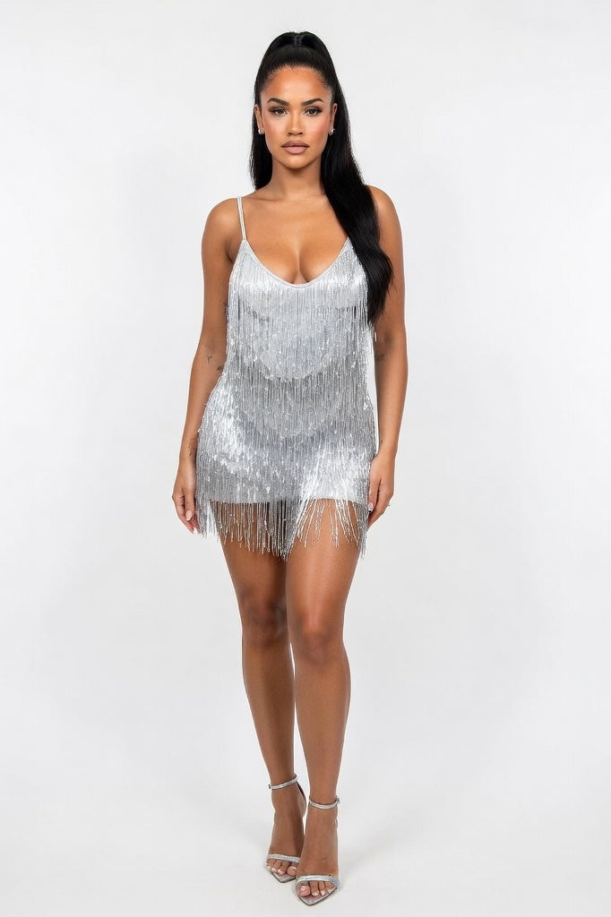 Sequin Tassel Halter Dress — Silver