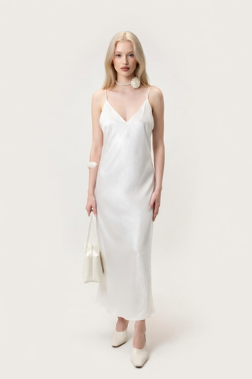 Satin V-Neck Lace Splice Dress — Beige