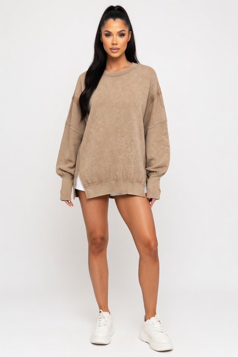 Washed Cotton Sweatshirt with Decorative Line Detail — Washed Khaki