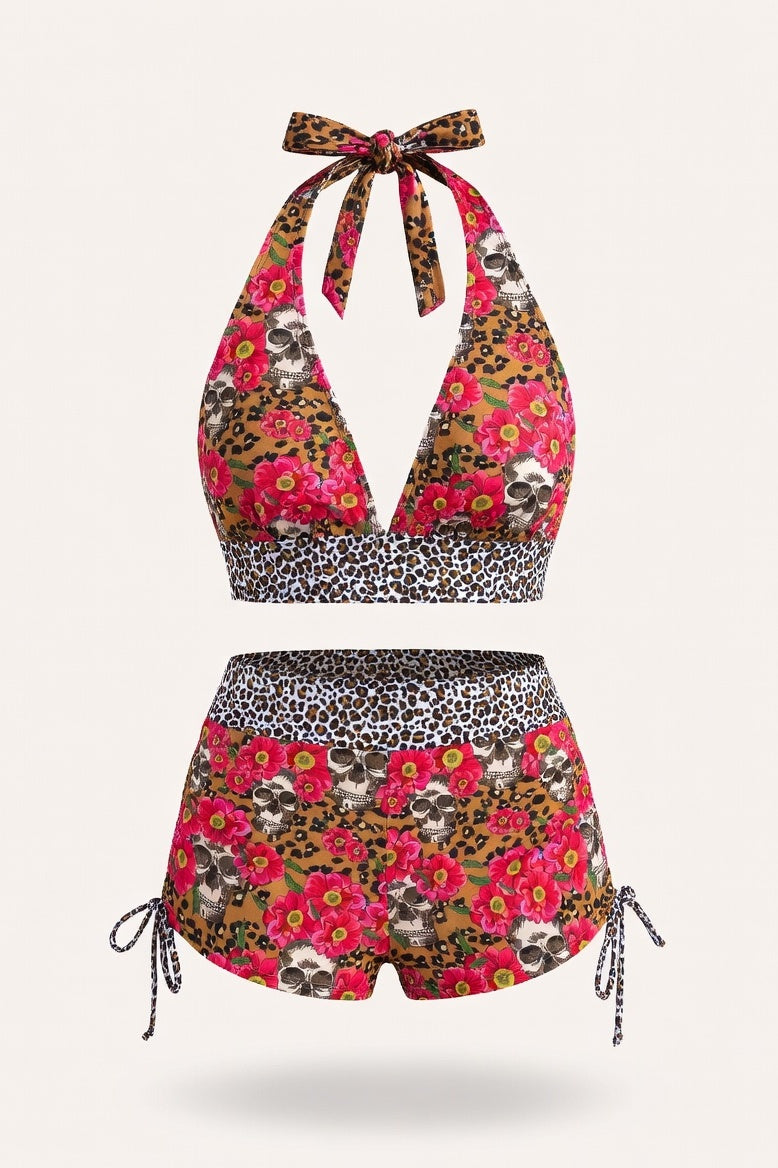 Skull Print One-Piece Swimsuit — Red