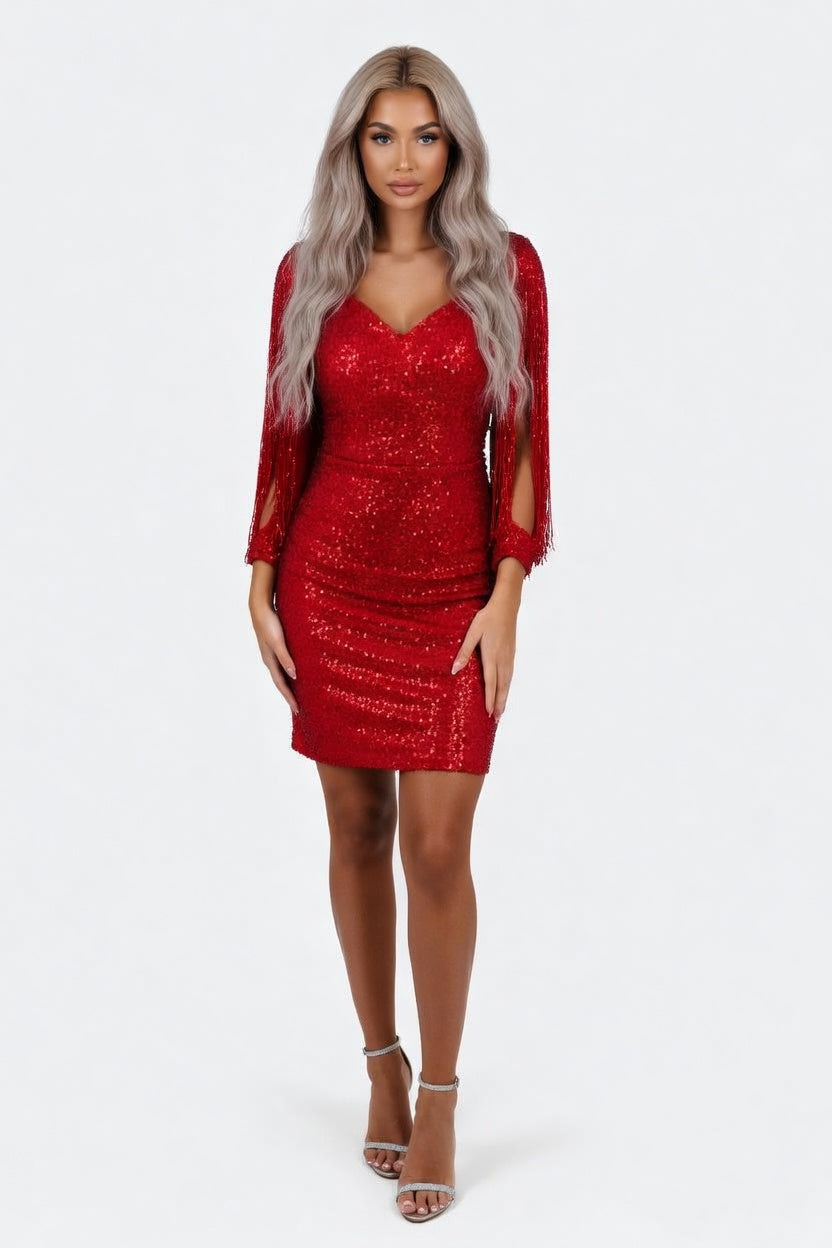 Sequined Tassel Mini Dress — front view