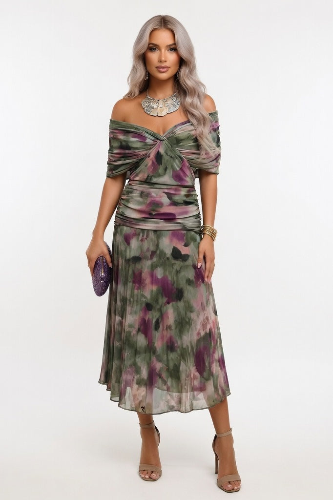Printed Off-Shoulder Pleated Dress — Multicolour