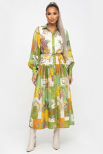 Printed Swing Dress with Lantern Sleeves — Light Green