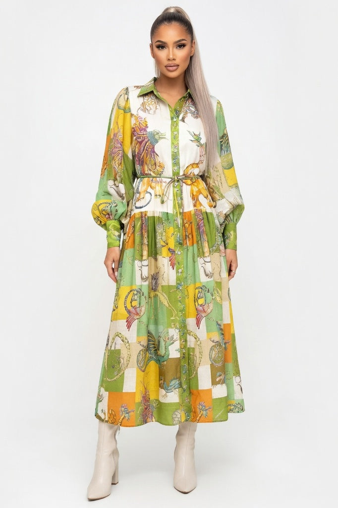 Printed Swing Dress with Lantern Sleeves — Light Green