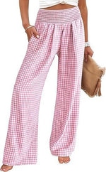 Check Print Wide Leg Trousers — Pink Check — colour variant